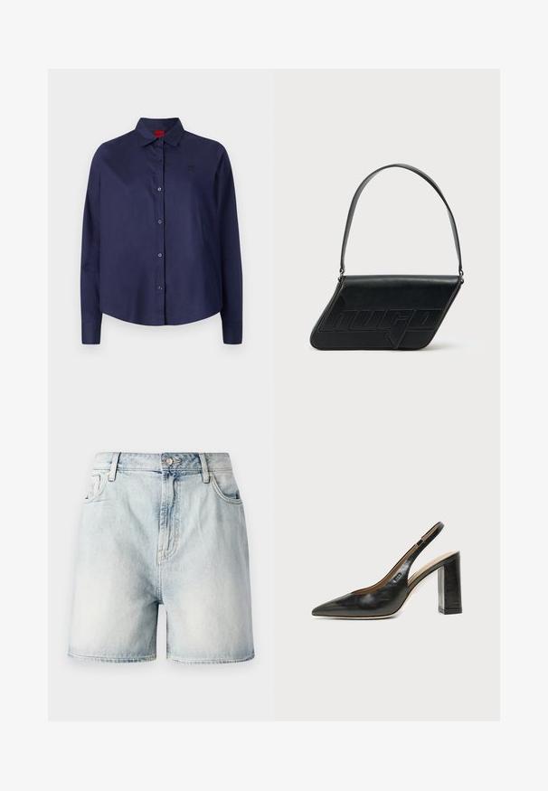 Camisa azul marino de botones con cuello, mangas largas, un ligero corte, un sutil logo en el pecho y una textura de tela suave.; Pantalones cortos de mezclilla azul claro con cierre de botón, cinco bolsillos y una textura deslavada. Corte recto con un diseño clásico.; Zapato slingback de piel negra con puntera puntiaguda, tacón alto y ancho, y forro interior beige sobre un fondo claro y liso.; Bolso de hombro de cuero negro con forma triangular, logo en relieve y una sola correa ajustable. Diseño minimalista con textura suave.