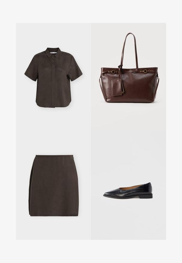Chemise marron foncé à manches courtes avec col et boutons avant dissimulés, présentée sur un fond gris clair plat.; Jupe trapèze marron foncé longueur genou avec texture lisse et fermeture éclair latérale sur fond clair uni.; Chaussure plate en cuir noir avec un bout pointu et un petit talon carré. Texture lisse, design minimaliste, sans éléments métalliques visibles ni motifs.; Sac cabas en cuir marron foncé avec deux longues anses, anneaux décoratifs en or, et pochette rectangulaire attachée avec fermeture éclair.