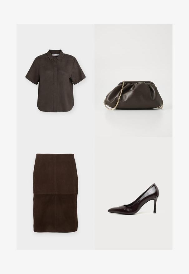 Chemise marron foncé à manches courtes avec col et boutons avant dissimulés, présentée sur un fond gris clair plat.; Jupe crayon en daim marron foncé avec des détails de coutures visibles, longueur genoux, présentée sur un fond clair.; Chaussure à talon haut en cuir noir à bout pointu avec un talon aiguille fin sur un fond clair uni.; Sac à main en cuir marron avec un design froncé, une bandoulière en chaîne dorée et une finition douce et texturée. Sa forme compacte est idéale pour une utilisation en soirée.