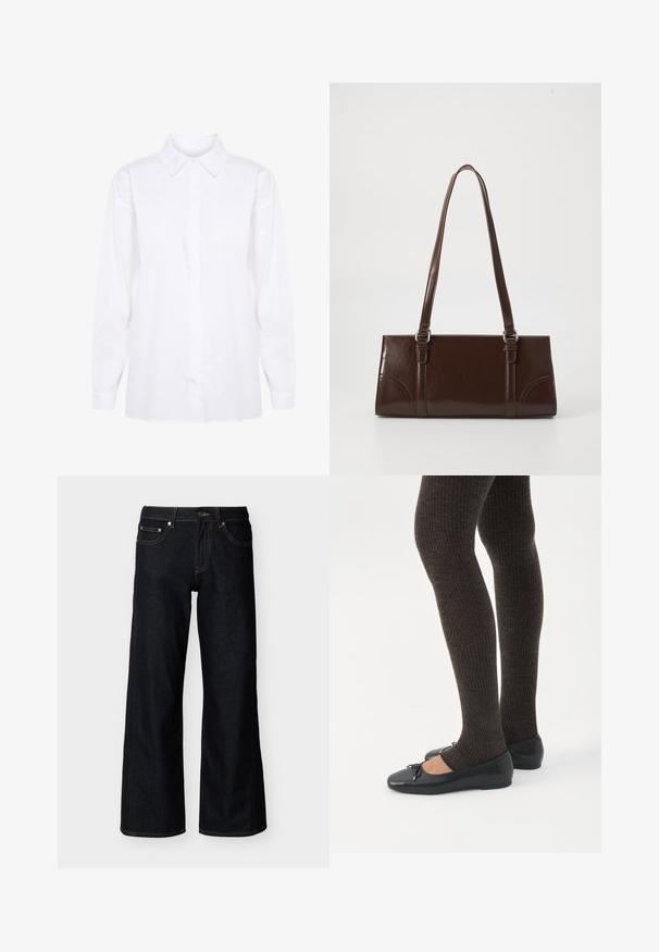 Chemise blanche à manches longues en coton, dotée d'un col classique et d'une fermeture à boutons, avec des manches longues et une coupe droite au bas.; Jean denim bleu foncé à jambes larges avec bouton frontal, fermeture éclair et style cinq poches sur fond clair uni.; Jambes portant des leggings côtelés foncés associés à des ballerines noires avec de petits détails en nœud sur fond blanc.; Sac à main en cuir verni marron de forme rectangulaire, avec deux longues poignées et des accents courbés subtils à l'avant.