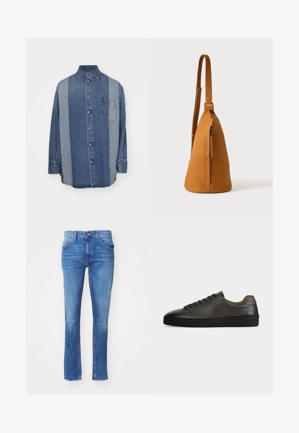 Denim shirt met een tweekleurig ontwerp met donkere en lichte blauwe secties, knoopsluiting aan de voorkant, kraag en een borstzak.; Blauwe spijkerbroek met een recht model, voorzien van een knoopsluiting, vijf zakken en subtiele vervaging, tegen een witte achtergrond.; Donkergrijze leren lage sneaker met zwarte veters en zool, minimalistisch ontwerp, zijaanzicht op een effen lichte achtergrond.; Lichtbruine leren schoudertas met verstelbare band en verticale ritszak, zijaanzicht tegen een effen lichte achtergrond.