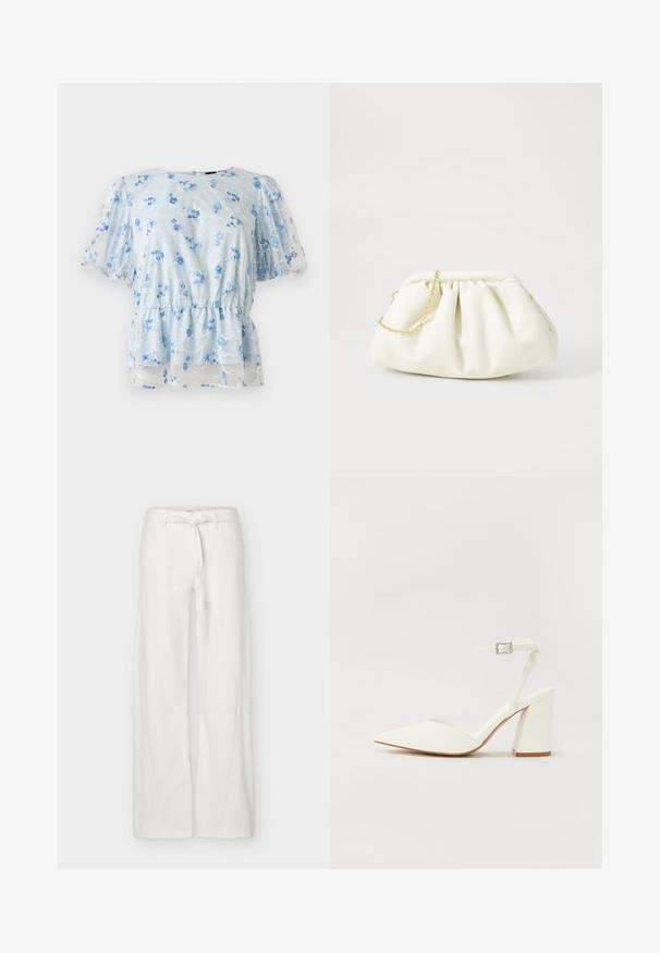 Blouse bleu clair à manches courtes en tissu transparent, taille élastique et petites fleurs bleues brodées dispersées sur le tissu.; Pantalon blanc à jambes larges avec poches avant et ceinture en tissu nouée à la taille, présenté sur un fond uni.; Sandale blanche à talon avec un bout pointu, sangle de cheville réglable et un talon carré épais. Texture lisse avec des détails de couture minimaux.; Sac à main en cuir blanc avec un design plissé, doté d'une bandoulière en chaîne dorée et d'une forme arrondie. Texture lisse avec des plis doux et sans motifs.