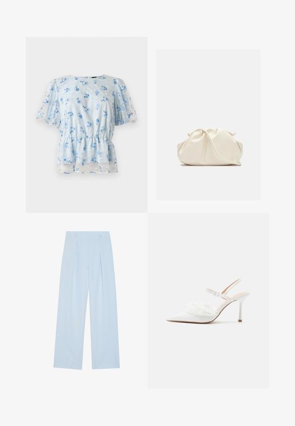 Blouse bleu clair à manches courtes en tissu transparent, taille élastique et petites fleurs bleues brodées dispersées sur le tissu.; Pantalons larges bleu clair avec deux plis frontaux, deux boutons à la taille et une texture de tissu lisse.; Escarpin blanc à bout pointu avec bride arrière à talon haut, bride à la cheville et ornements décoratifs en perles et dentelle à l'avant.; Pochette en cuir souple couleur crème avec un design froncé et une fine bandoulière reposant à l’avant sur un fond uni.