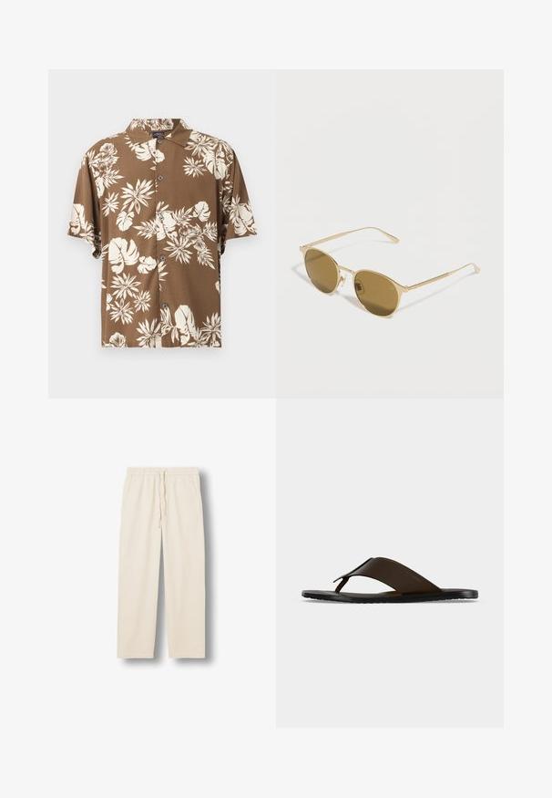Chemise marron à manches courtes boutonnée, imprimé floral tropical crème et col à pointes évasées.; Pantalon beige à taille élastique avec cordon et poches latérales, coupe droite, présenté sur un fond blanc plat.; Sandale tong en cuir marron foncé avec une large sangle à la cheville et une semelle plate noire, montrée de profil sur fond gris.; Lunettes de soleil à monture ronde en métal doré avec des verres teintés marron reposant sur une surface blanche.