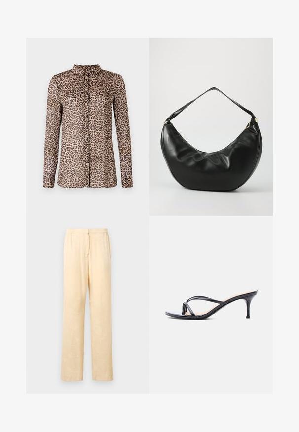 Camisa de botón de estampado de leopardo con mangas largas, hecha de tela ligera, con un cuello y botones rosas en el frente.; Pantalones sueltos de color amarillo claro con un sutil estampado de hojas. Cuentan con una cinturilla elástica y un diseño de pierna recta. Textura suave.; Sandalia de tacón de charol negro con tiras finas cruzadas y un tacón de aguja delgado de altura media, sobre un fondo blanco.; Bolso de hombro de cuero negro con una forma curva, textura suave y una sola correa; cuenta con un zipper dorado y un branding sutil.
