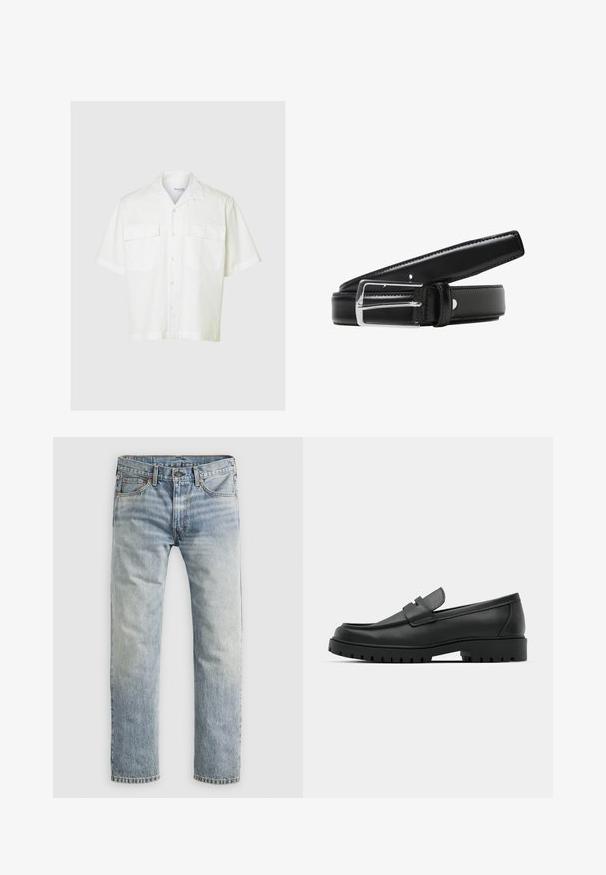 Kortærmet hvid skjorte med knapper, der har to frontlommer, lavet af letvægtsstof, med et diskret, lodret stribemønster.; Lysblå lige ben denimjeans med knaplukning, forlommer og løkker til bælte, vist fladt på hvid baggrund.; Sorte læder loafers med rund tå, der har et syet design, lav platformssål og en struktureret, skridsikker gummisål.; Sort læderbælte med en skinnende sølvmetal spænde, glat tekstur og flere justeringshuller langs remmen.