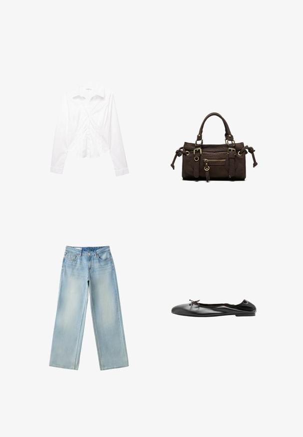 Chemise blanche à manches longues avec col, coupe slim, boutons sur le devant et poignets, présentée à plat sur un fond blanc.; Jean large bleu clair avec poches avant, taille avec fermeture par bouton et détails délavés subtils sur les cuisses.; Ballerine en cuir noir avec un petit nœud à l'avant et une couture arrière légèrement froncée, vue de profil sur fond blanc.; Sac à main en cuir marron foncé avec double poignée, poche avant zippée, boucles décoratives et nœuds latéraux sur fond blanc.