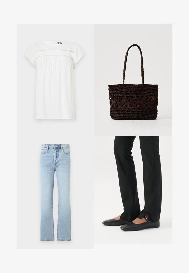Blouse blanche à manches courtes avec un col rond, un design froncé et un détail en dentelle décoratif sur le devant, dotée d'un ourlet festonné.; Jean en denim bleu clair avec une coupe droite, dotés d'une taille haute, d'un style classique à cinq poches et d'un léger effet délavé.; Jambes vêtues d’un pantalon slim noir avec des fentes à l’avant de l’ourlet, assorties à des chaussures plates Mary Jane noires avec une petite bride à boucle.; Sac fourre-tout tissé brun foncé avec des motifs floraux et deux longues poignées tressées sur un fond clair uni.