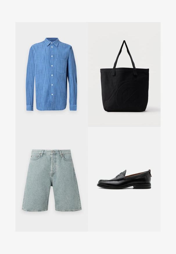 Blå langærmet skjorte med knapper og lodrette sorte striber samt en brystlomme foran, vist på en hvid baggrund.; Lysblå denim shorts med en afslappet pasform, fem lommer og knaplukning. Slidt udseende med synlige sømdetaljer.; Sort læder herre loafer med moc-tå syning, penny strop, struktureret krave og lav stablet hæl på hvid baggrund.; Sort canvas-tote-taske med to skulderstropper og et diskret præget cirkeldesign på fronten.