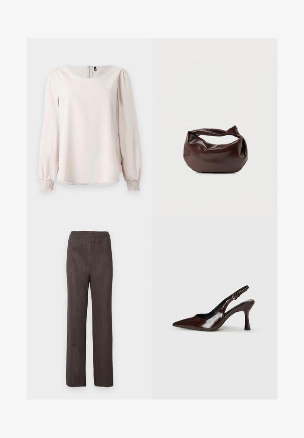 Blouse longue à manches en rose clair, avec un col rond, des poignets smockés et une fermeture éclair au dos. Fabriquée en tissu doux et lisse.; Pantalons côtelés marron avec une taille élastique, présentant un design à jambe droite et un tissu texturé. Style épuré et minimal.; Talons slingback en cuir verni brun avec un bout pointu, un talon fin, et une sangle réglable avec une petite boucle.; Sac bandoulière en cuir marron foncé avec une forme souple et décontractée et une anse nouée torsadée sur un fond blanc uni.