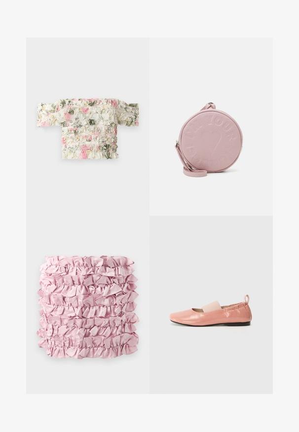 Haut floral décolleté en blanc avec des motifs froncés roses et verts. Fabriqué en tissu légèrement élastique pour un look ajusté.; Tissu froncé rose présentant plusieurs couches d'une texture douce et satinée avec des bords froncés. Forme rectangulaire avec une couleur riche et uniforme.; Ballerines synthétiques roses avec une texture brillante, un bout carré et une bande élastique douce sur le cou-de-pied. Semelle en caoutchouc noire et tirette à l'arrière.; Sac en cuir rose rond avec texte embossé et motif de cœur, doté d'une bandoulière amovible et d'une texture lisse.