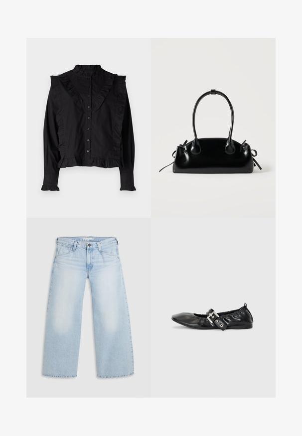 Zwarte blouse met lange mouwen en een hoge kraag, knoopsluiting en gerimpelde accenten langs de voorkant en mouwen. Gladde, lichte stof.; Lichtblauwe wijde jeans gemaakt van denim. Kenmerken zijn een rechte snit, een vijfzakkenontwerp en een knoopsluiting aan de taille.; Zwarte leren platte schoen met een spitse neus, geplooide details rond de opening en een zilveren gespaccentueerde verstelbare band.; Kleine zwarte glanzende handtas met twee lange hengsels en zijkant trekkoord details op een effen lichte achtergrond.