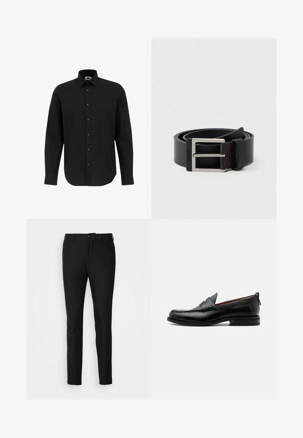 Camisa negra de manga larga y botonadura frontal, hecha de tejido entrelazado, con cuello clásico, dobladillo recto y botones negros en el frente.; Pantalones negros de corte ajustado, con cierre de botón, cremallera y dos bolsillos frontales. Tejido suave con un acabado mate.; Mocasín de hombre de piel negra con costura moc toe, tira penny, cuello texturizado y tacón bajo apilado sobre fondo blanco.; Cinturón de cuero negro enrollado con una hebilla metálica rectangular plateada y detalles de costura roja cerca del lazo de la hebilla.