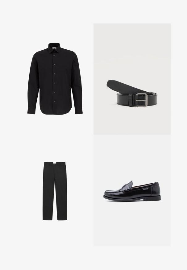 Camisa negra de manga larga y botonadura frontal, hecha de tejido entrelazado, con cuello clásico, dobladillo recto y botones negros en el frente.; Pantalones negros con un diseño de pierna recta, hechos de una tela de textura suave, que cuentan con dos bolsillos frontales y una cinturilla estándar.; Mocasines de cuero negro con acabado brillante, que presentan un diseño cosido en la puntera y una suela baja de goma negra texturizada.; Cinturón de cuero negro enrollado con hebilla metálica rectangular plateada sobre un fondo liso claro.