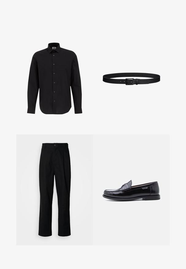 Chemise noire à manches longues, à boutons, en tissu tissé, avec un col classique, un ourlet droit et des boutons noirs sur le devant.; Pantalons noirs à jambes droites avec une taille à bouton, passants de ceinture et pli avant, présentés sur un fond blanc uni.; Mocassins en cuir noir avec une finition brillante, présentant un motif cousu sur l'avant-pied et une semelle en caoutchouc noire texturée et basse.; Ceinture en cuir noir avec motif texturé, boucle en métal noir et plusieurs trous d'ajustement, posée à plat sur un fond blanc.