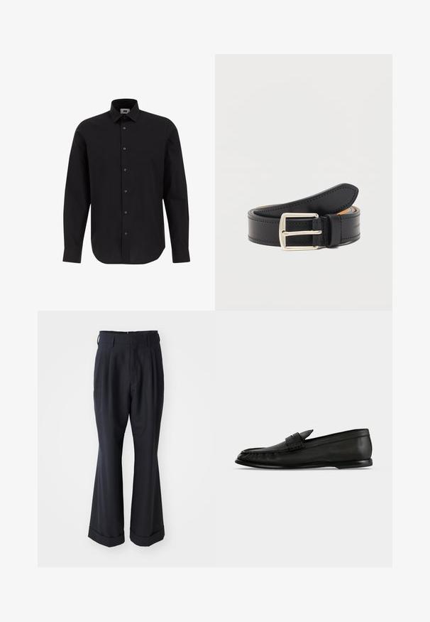 Chemise noire à manches longues, à boutons, en tissu tissé, avec un col classique, un ourlet droit et des boutons noirs sur le devant.; Pantalons noirs ajustés avec une coupe décontractée, devant plissé et jambes larges. Caractéristiques d'un ourlet à retournement et d'une texture de tissu lisse.; Mocassin en cuir noir avec un petit talon et un détail de bride sur le dessus, montré de profil sur un fond clair.; Ceinture en cuir noir avec boucle rectangulaire argentée, enroulée avec des coutures visibles le long des bords sur un fond blanc uni.