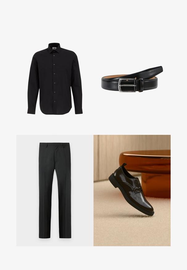 Chemise noire à manches longues, à boutons, en tissu tissé, avec un col classique, un ourlet droit et des boutons noirs sur le devant.; Pantalon habillé noir sur mesure avec passants de ceinture et un pli devant, présenté sur un fond gris clair.; Chaussure habillée noire brillante en cuir à lacets flottant au-dessus d'un tapis beige avec une table ronde marron brillante en arrière-plan.; Belt en cuir noir avec une texture lisse, doté d'une boucle rectangulaire en argent et d'une doublure intérieure beige. L'extrémité est effilée pour un aspect élégant.