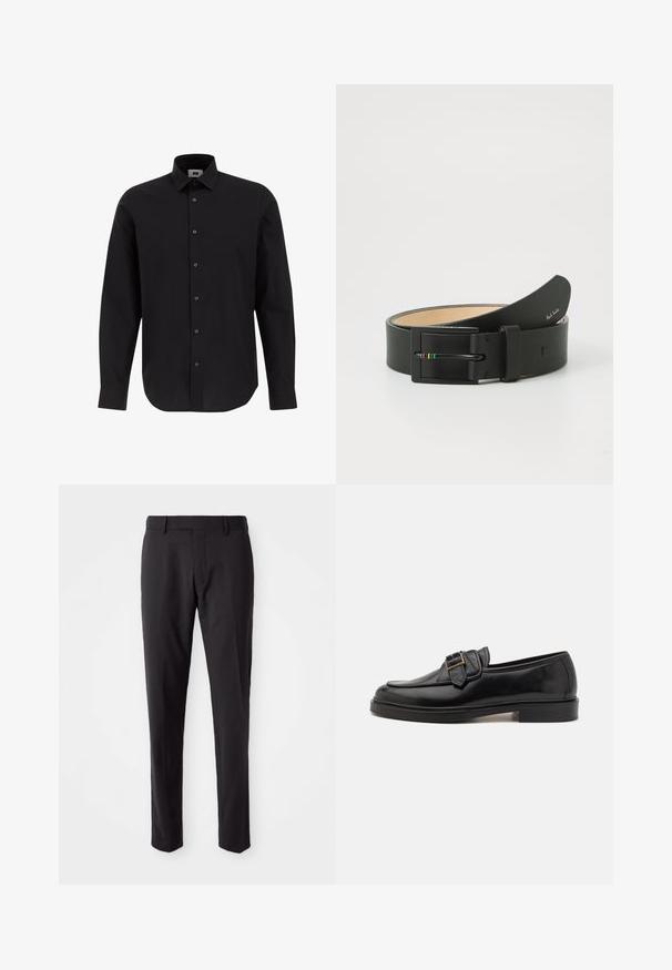 Camisa negra de manga larga y botonadura frontal, hecha de tejido entrelazado, con cuello clásico, dobladillo recto y botones negros en el frente.; Pantalones negros ajustados con un frente plano, corte slim, presillas para cinturón y una textura suave. Adecuados para atuendos formales o de negocios.; Mocasines de cuero negro con punta redonda y un acento decorativo de hebilla. Tacón plano y sólido, con una textura suave en todo el zapato.; Paul Smith MEN BELT STRIPE BUCKLE - Cinturón - black