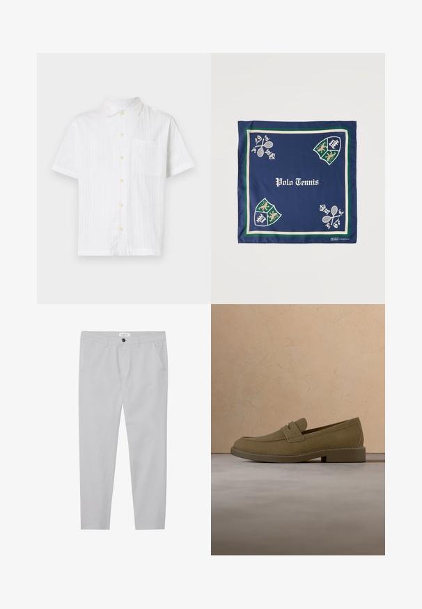 Witte short-sleeve shirt met een knoopsluiting aan de voorkant, voorzien van een enkele zak, gestructureerde stof en lichtgele knopen.; Lichtgrijze broek van een zachte stof, met een slim fit, twee voorzakken, een knoopsluiting en subtiele textuurdetails.; Bruine suède loafer die boven een beige, gestructureerd tapijt zweeft in een woonkamer met een houten salontafel en opgestapelde boeken.; Marineblauw vierkant sjaaltje met groene en beige randen, met de tekst "Polo Tennis", gekruiste tennisrackets en schildemblemen in de hoeken.