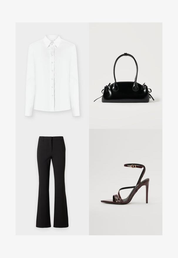 Chemise blanche à manches longues avec col classique, tissu lisse et une patte de boutonnage complète ornée de boutons ronds transparents.; Pantalon évasé noir en tissu lisse, présentant un pli frontal, des passants de ceinture et une coupe ajustée. Design épuré sans motifs visibles.; Sandale à talons hauts en cuir verni bourgogne avec une bride de cheville, bout pointu et trois bandes horizontales sur le pied. Détail de boucle dorée.; Petit sac à main noir brillant avec deux longues anses et des détails à cordon sur les côtés sur un fond clair uni.
