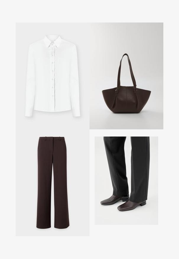 Chemise blanche à manches longues avec col classique, tissu lisse et une patte de boutonnage complète ornée de boutons ronds transparents.; Pantalon large marron foncé avec passants pour ceinture et fermeture avant dissimulée, présenté à plat sur fond blanc.; Chaussures en cuir marron foncé avec un bout carré et un petit talon bloc, portées avec un pantalon noir sur mesure, affichant une apparence élégante et polie.; Sac fourre-tout en cuir brun avec une finition texturée, grande ouverture et doubles anses arrondies ; design minimaliste sans quincaillerie visible.