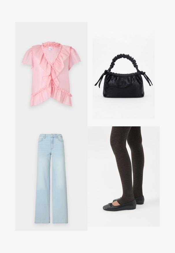Lyserød letvægtsbluse med korte volangærmer, en V-udskæring og lagdelte volanger langs foran og kanten. Blød tekstur.; Lyseblå bredbenede jeans lavet af denim med et klassisk fem-lomme design og en frontknaplukning. Har let falmning foran.; Ben iført mørke ribbede leggings kombineret med sorte balletsko med små sløjfedetaljer på hvid baggrund.; Sort taske med krokodilletekstur, rynket øverste kant, samlet hank og snore med kvaster på hver side mod en hvid baggrund.