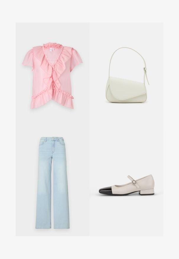 Blouse légère rose avec des manches courtes à volants, un décolleté en V, et des volants superposés le long de l'avant et de l'ourlet. Texture douce.; Jeans wide en denim bleu clair avec un design classique à cinq poches et une fermeture à bouton à l'avant. Présente une légère décoloration sur le devant.; Chaussure de style Mary Jane en cuir crème avec un bout en vernis noir. Présente un bout rond, une sangle de cheville avec une boucle carrée et un petit talon carré.; Sac à main en cuir synthétique blanc avec une forme triangulaire structurée, une bandoulière unique réglable et un rabat à courbes accentuées.