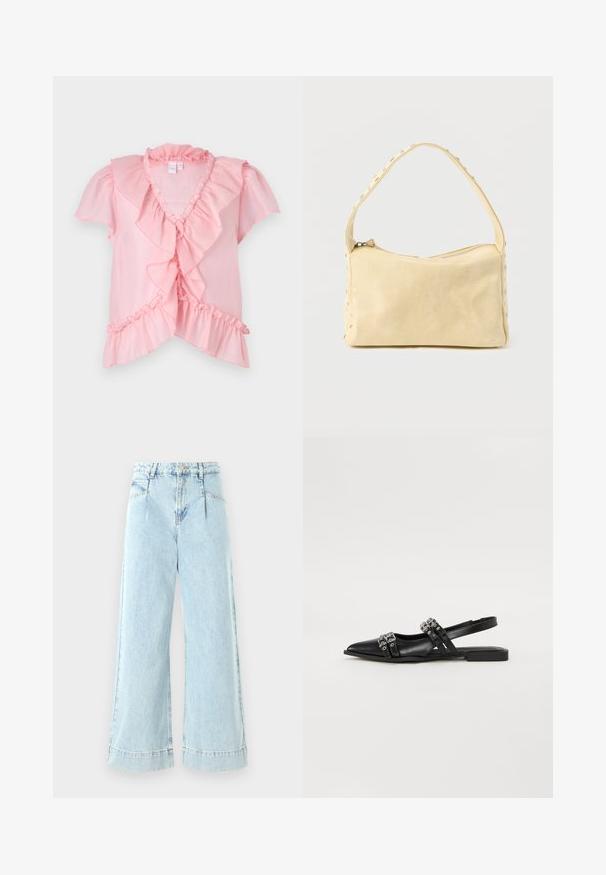 Ροζ ελαφρύ μπλουζάκι με κοντά ριχτά μανίκια, V-λαιμόκοψη και επιπλέον ριγέ λεπτομέρειες κατά μήκος του εμπρός μέρους και του στριφώματος. Μαλακή υφή.; Ανοιχτό μπλε τζιν παντελόνι σε φαρδιά γραμμή, κατασκευασμένο από ντένιμ, με ψηλή μέση, μπροστινές τσέπες και ραφές στις άκρες.; Even&Odd by Zalando Μπαλαρίνες με λουράκι στον αστράγαλο - black; Μικρή μπεζ δερμάτινη τσάντα χειρός με έναν ιμάντα και ασημένιες τρουκ κατά μήκος των άκρων και του ιμάντα, τοποθετημένη πάνω σε απολύτως ουδέτερο φόντο.