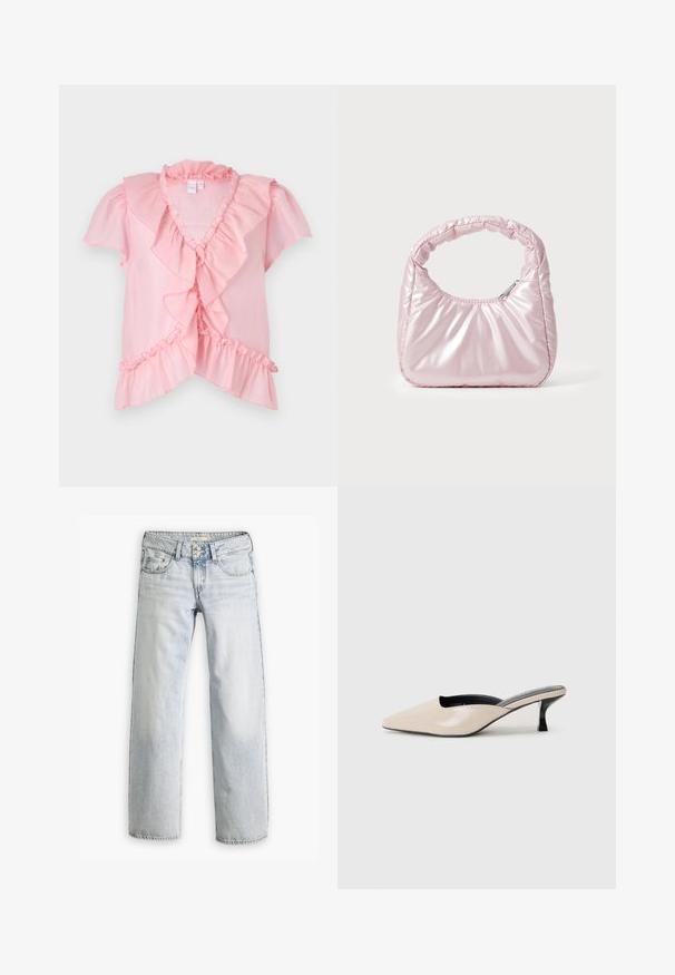 Lyserød letvægtsbluse med korte volangærmer, en V-udskæring og lagdelte volanger langs foran og kanten. Blød tekstur.; Lyseblå denimjeans med en afslappet pasform, høj talje og fem-lomme design. Har syning detaljer og knaplukning.; Beige patent læder slingback hæl med spids tå og en lav sort hæl. Glat tekstur, minimalistisk design med åbne sider.; Rosa, polstret håndtaske med afrundet design, lavet af skinnende materiale. Har et samlet håndtag og en lynlås til sikker adgang.