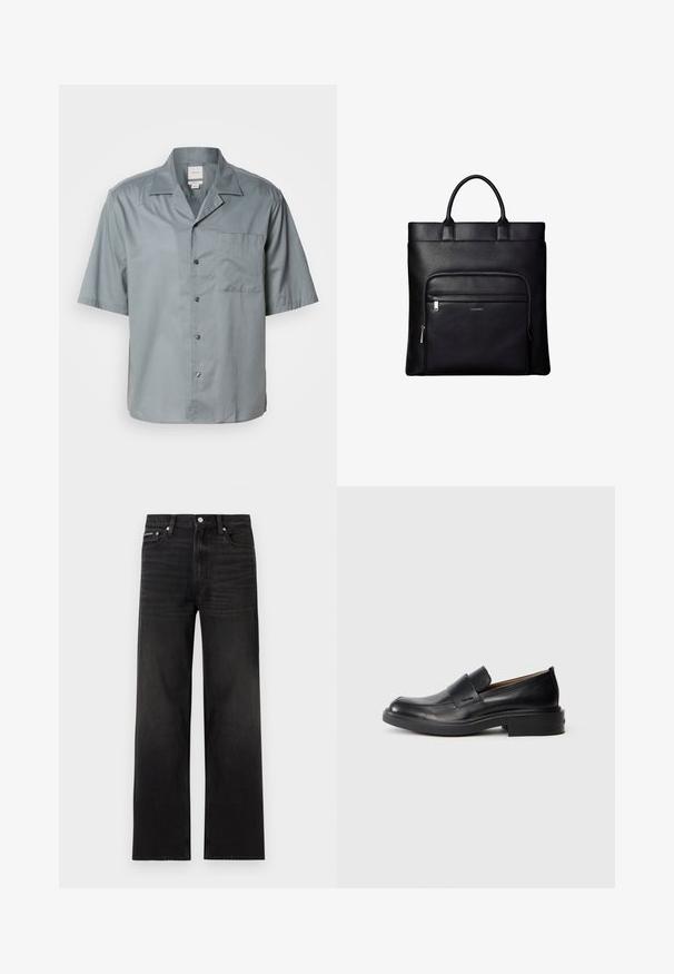 Kortærmet skjorte med knapper i lys grå stof med en glat tekstur, der har en brystlomme og en klassisk krave.; Sorte jeans med lige ben, fem-lomme design, bæltestropper og knaplukning, vist på en hvid baggrund.; Sorte læder slip-on dress sko med lav hæl og subtil Calvin Klein logo på siden, vist i profil på en hvid baggrund.; Sort læder tote taske med top håndtag og en front lynlåslomme med et lille Calvin Klein-logo på lommen.