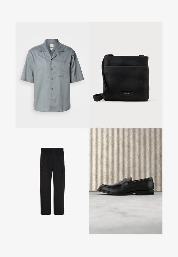 Kurzärmliges Button-up-Hemd aus lichtgrauem Stoff mit glatter Textur, ausgestattet mit einer Brusttasche und klassischem Kragen.; Schwarze gerade geschnittene Cargohosen mit elastischem Bund, Knopfverschluss und zwei Klappentaschen an den Seiten.; Schwarzer Lederloafer mit einer Metallmarkenplatte, der nahe einem braunen runden Tisch auf beigem Teppichboden ruht.; Schwarze geflochtene Umhängetasche mit verstellbarem Riemen, ausgestattet mit einer Vordertasche und einem kleinen Markenetikett. Glatte, strukturierte Oberfläche.