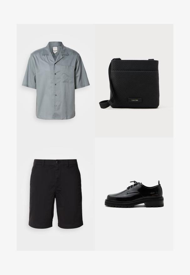 Korte mouwen knoopshirt van lichtgrijze stof met een gladde textuur, voorzien van een borstzak en een klassiek kraagontwerp.; Zwarte shorts gemaakt van lichtgewicht stof, met een knoopsluiting, standaard taille en rechte snit. Geen patronen of zichtbare accenten.; Zwarte gepolijste leren veterschoen met dikke rubberen zool en lage hak, zijmerktekst "SAMSOE" en een achterste aantreklus.; Zwarte geweven schoudertas met een verstelbare schouderband, voorzien van een voorzak en een klein merkembleem. Glad, getextureerd oppervlak.