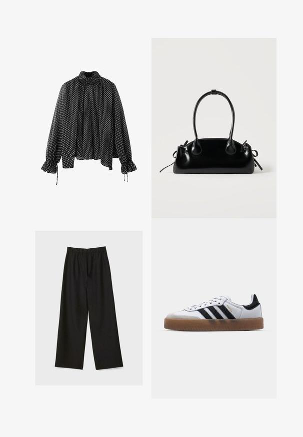 Blouse noire à manches longues avec pois blancs, col montant, coupe ample et poignets volantés avec liens sur les manches.; Pantalons larges noirs avec taille élastique, présentés à plat sur un fond clair.; Baskets en cuir blanc avec des rayures noires, semelle extérieure en caoutchouc beige, bout rond, fermeture lacée et embout en suède gris doux.; Petit sac à main noir brillant avec deux longues anses et des détails à cordon sur les côtés sur un fond clair uni.