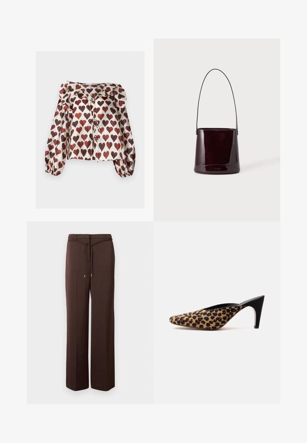Blouse à manches longues, brillante, avec des motifs de cœurs rouges, col volanté et détails noués à l'avant sur fond blanc.; Pantalon marron à jambes larges avec une ceinture fine en tissu nouée à la taille et des extrémités métalliques, présenté sur un fond blanc uni.; Mule à bout pointu avec dessus imprimé léopard et talon stiletto noir de hauteur moyenne sur fond blanc uni.; Sac seau brun foncé brillant avec une longue sangle fine et des coutures visibles minimales sur un fond clair.