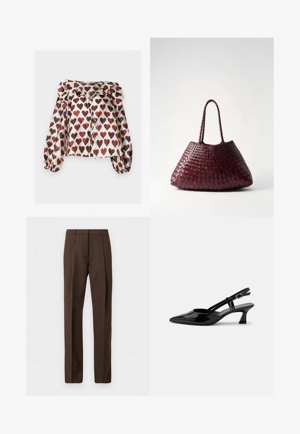 Blouse à manches longues, brillante, avec des motifs de cœurs rouges, col volanté et détails noués à l'avant sur fond blanc.; Pantalon marron sur mesure à jambes droites, doté de passants pour ceinture et de plis sur le devant, présenté sur un fond blanc uni.; Chaussure slingback en cuir verni noir à petit talon, bout pointu et bride réglable avec boucle dorée sur fond blanc.; DRAGON DIFFUSION SANTA CROCE BIG - Sac à main - bordo
