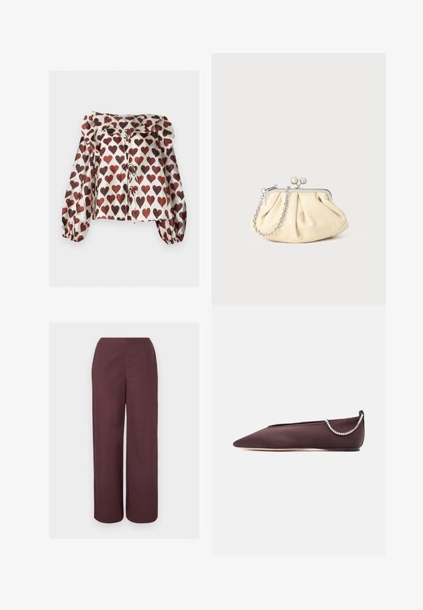 Blouse à manches longues, brillante, avec des motifs de cœurs rouges, col volanté et détails noués à l'avant sur fond blanc.; Pantalon marron taille haute à jambes larges avec un devant lisse et des poches latérales, présenté sur un fond clair uni.; Chaussure plate marron foncé à bout pointu avec un petit talon et un détail chaîne en strass argentée à l'arrière.; Pochette en cuir beige plissé avec un cadre en métal argenté, dotée de deux fermoirs ronds décoratifs et d'une chaîne en argent.