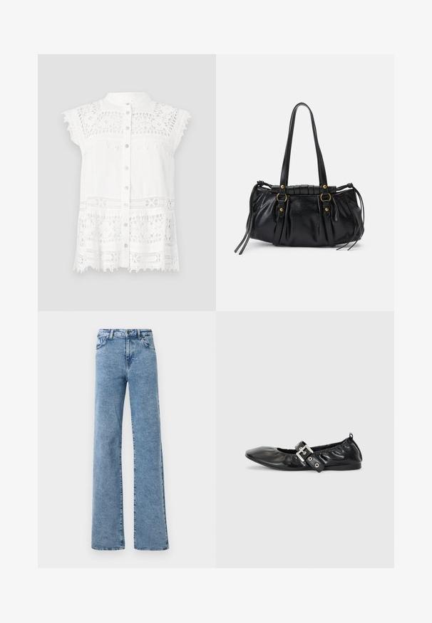 Hvid bluse med korte, kapærmer, der har blonde detaljer og knap-lukning foran. Den strukturerede stof og den scalloperede kant tilføjer visuel interesse.; Noisy May Straight fit NMYOLANDA - Wide leg - medium blue denim; Sorte læder flade sko med spids tå, samling detaljer omkring åbningen, og en sølv spænde accent på den justerbare rem.; Sort læderhåndtaske med rund form, dobbelte hanke, dekorative hardware-detaljer og snøre på siden. Glat, blank overflade.