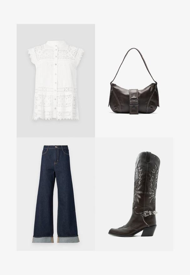 Hvid bluse med korte, kapærmer, der har blonde detaljer og knap-lukning foran. Den strukturerede stof og den scalloperede kant tilføjer visuel interesse.; Bredde ben mørk denim jeans med orange syninger, med høj talje, to forlommer og opbrettede manchetter, der viser et lysblåt kontraststof.; Sort læder cowboystøvle med dekorative udskæringer, sølvspænde og skrå hæl, vist på hvid baggrund.; Brun læder skuldertaske med en buet form, der har et fremtrædende spænde, kontrasterende syninger og en enkelt skulderrem.