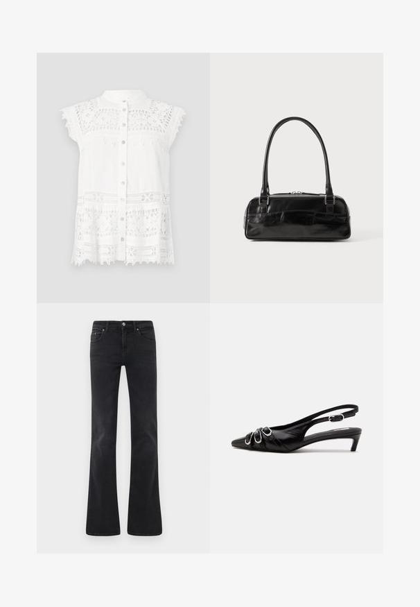 Hvid bluse med korte, kapærmer, der har blonde detaljer og knap-lukning foran. Den strukturerede stof og den scalloperede kant tilføjer visuel interesse.; Sorte flagrende jeans lavet af denim, med et klassisk fem-lomme design, knaplukning og subtile sømdetaljer.; Sort læder slingback sko med spids tå, tre sølvspænder på forsiden og lav lille hæl på hvid baggrund.; Sort læderhåndtaske med rektangulær form, der har et enkelt struktureret håndtag, sølvhardware og lynlås-lukning. Glat tekstur.