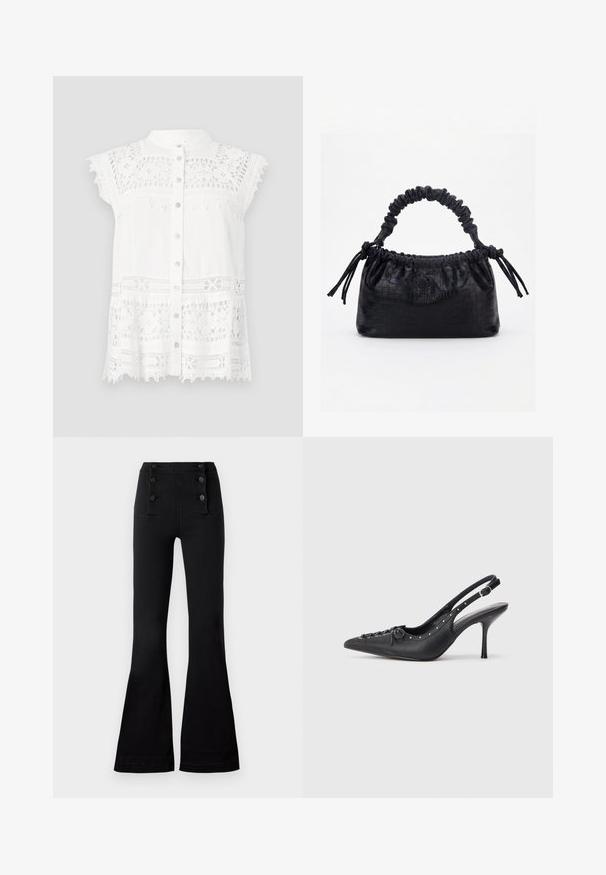 Blusa blanca con mangas cortas tipo capa, que presenta detalles de encaje y un frente abotonado. La tela texturizada y el dobladillo con forma de escallona añaden interés visual.; Pantalones acampanados negros de mezclilla con una cintura alta, que presentan cuatro botones decorativos en la parte delantera y una textura suave.; Sandal de tacón stiletto negro de cuero con punta afilada, correa lateral con hebilla, tachuelas a lo largo del borde y cordones decorativos en la parte delantera.; Bolso negro con textura de cocodrilo, borde superior fruncido, asa recogida y cordones con borlas en cada lado sobre un fondo blanco.