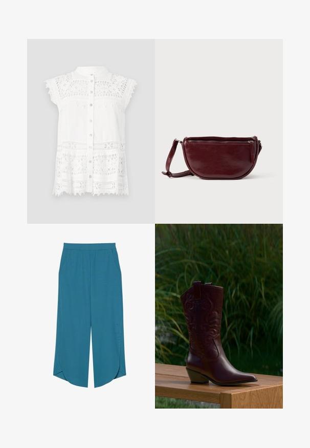 Blusa blanca con mangas cortas tipo capa, que presenta detalles de encaje y un frente abotonado. La tela texturizada y el dobladillo con forma de escallona añaden interés visual.; Pantalones de pierna ancha en color turquesa, confeccionados en una tela suave, con una cintura cómoda, bolsillos laterales y aberturas en el dobladillo para facilitar el movimiento.; Bota de vaquero de cuero marrón oscuro con motivos bordados, tacón bajo inclinado y lengüetas para tirar, colocada sobre un banco de madera con fondo de plantas verdes.; Bolso de mano de cuero granate con forma de media luna, cierre de cremallera y una correa desmontable. Textura suave con un brillo sutil.
