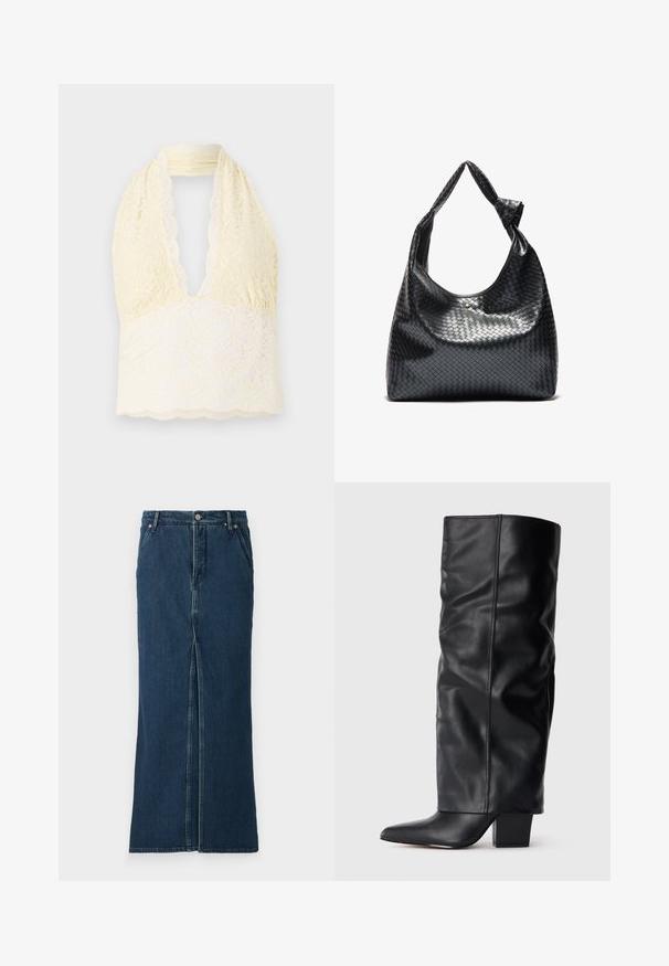 Kergelt kollane pitskett, sügava V-kaelusega, lillemustriga, tekstuuriga pits ja laineline äär. Pehme, veniv kangas.; Good American FIT AND FLARE MAXI SKIRT - Teksaseelik - indigo; Mustad musteede põlvikud, millel on kortsus disain, terav nina ja jäme ruudukujuline konts. Saapad on sujuva tekstuuriga ja minimaalse õmblusdetailiga.; Must muströmpa mustri nahast käekott, millel on lõtv disain, varustatud sõlmitud rihmaga ja väikese dekoratiivse kuldse nupu ülaosas.