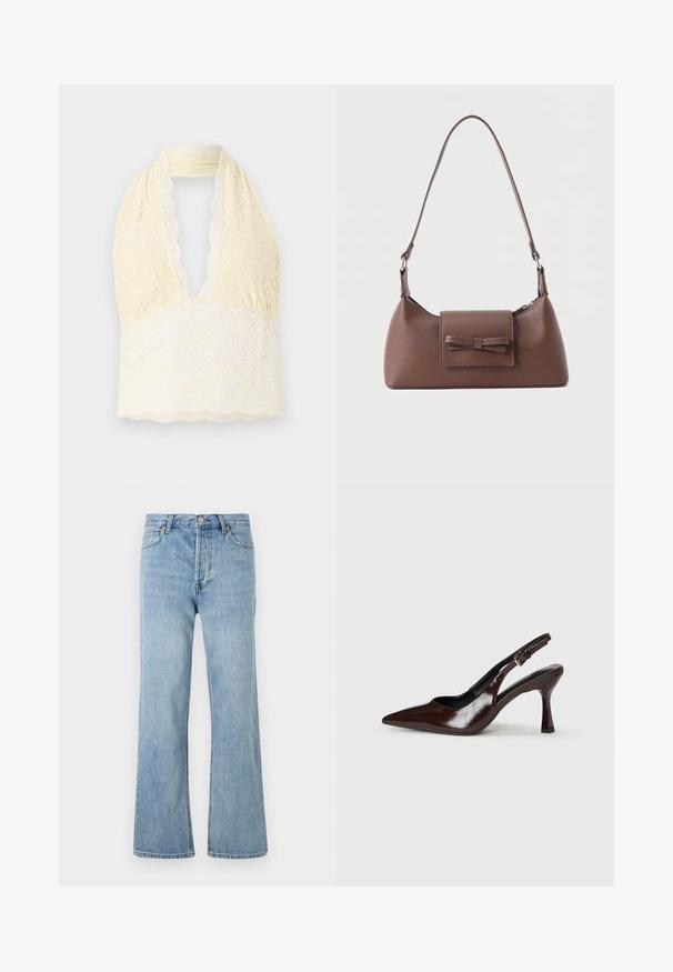 Top halter de encaje en amarillo claro con un escote en V profundo, presenta patrones florales, encaje texturizado y un dobladillo con ondas. Tejido suave y elástico.; Jeans de mezclilla de talle alto de color azul claro con cierre de botón, bolsillos delanteros y traseros, y corte recto sobre un fondo blanco.; Zapatos de tacón slingback de charol marrón con punta afilada, tacón delgado y correa ajustable con una pequeña hebilla.; Bolso bandolera de cuero marrón con un bolsillo frontal de solapa que presenta un detalle de moño cosido y una correa ajustable.