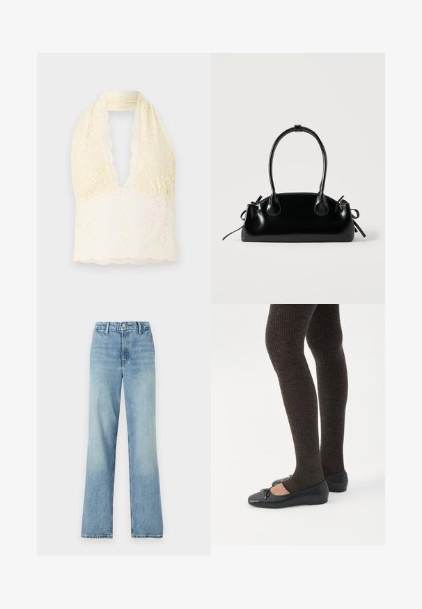 Top halter de encaje en amarillo claro con un escote en V profundo, presenta patrones florales, encaje texturizado y un dobladillo con ondas. Tejido suave y elástico.; Good American GOOD CARPENTER - Pernera ancha - indigo; Piernas con leggings oscuros acanalados combinados con bailarinas negras que presentan pequeños detalles de lazo sobre un fondo blanco.; Pequeño bolso negro brillante con dos asas largas y detalles de cordón lateral sobre un fondo claro liso.
