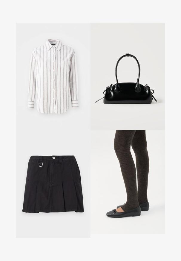 Chemise blanche à manches longues avec des rayures verticales brunes, un col et une poche poitrine. Tissu en coton avec une texture douce.; Jupe plissée noire en coton, avec une fermeture à boutons sur le devant, des passants de ceinture et un accent en D-ring sur la taille.; Jambes portant des leggings côtelés foncés associés à des ballerines noires avec de petits détails en nœud sur fond blanc.; Petit sac à main noir brillant avec deux longues anses et des détails à cordon sur les côtés sur un fond clair uni.