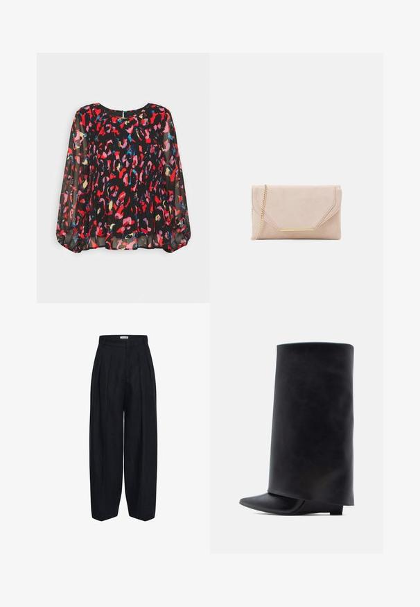 Blouse noire transparente avec des motifs abstraits vibrants rouges, roses, bleus et dorés, design plissé, longues manches bouffantes et fermeture en forme de trou de clé au dos.; Pantalon noir taille haute à jambes larges, avec plis à l'avant, passants pour ceinture, et fermeture avant dissimulée, présenté sur un fond blanc.; Bottines en cuir noir avec une tige haute cylindrique, un bout pointu et un talon plat bas, présentant une texture lisse et un design minimaliste.; Pochette en suède beige avec une bandoulière en chaîne dorée et un accent en métal rectangulaire. Elle possède un rabat repliable avec des bords angulaires et des détails de couture.