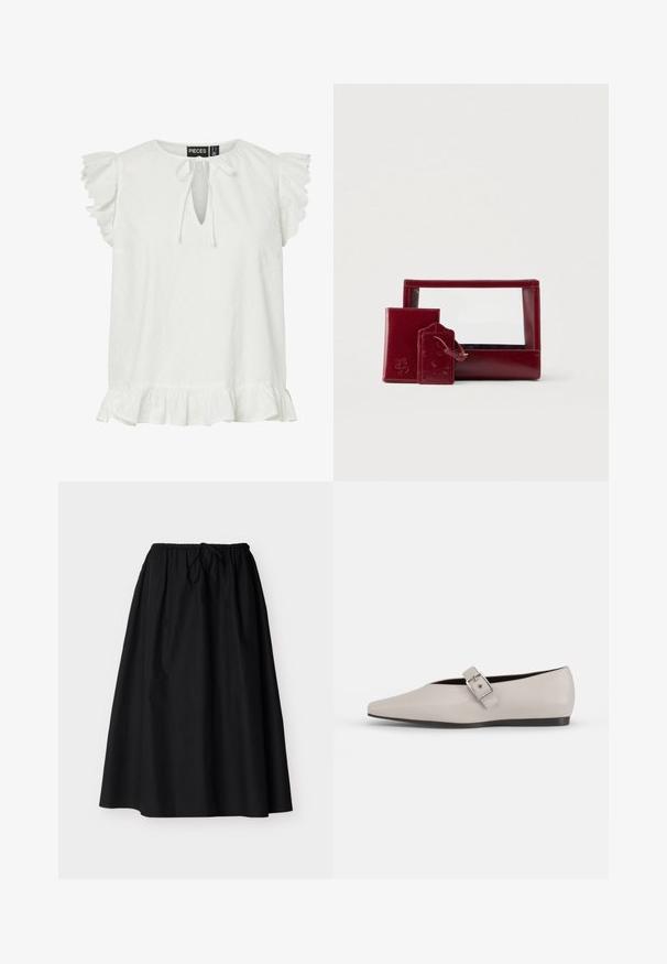 Blouse blanche sans manches avec manches courtes à volants, encolure goutte d’eau à nouer et ourlet volanté. Étiquette de marque "Pieces" à l’intérieur du col.; Jupe midi noire ligne A avec taille élastique et cordon de serrage, tissu léger et texture lisse, présentée sur fond uni.; Chaussure plate en cuir beige avec un bout pointu, un accent de boucle sur le côté et une semelle noire basse. Texture lisse et design minimaliste.; Ensemble de pochettes en cuir bordeaux comprenant un devant transparent, un petit porte-cartes et une étiquette de bagage, tous dotés de textures lisses et de détails embossés.