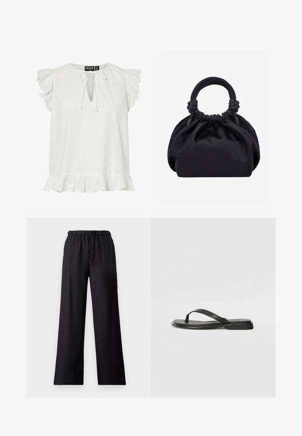 Blouse blanche sans manches avec manches courtes à volants, encolure goutte d’eau à nouer et ourlet volanté. Étiquette de marque "Pieces" à l’intérieur du col.; Pantalons larges noirs en tissu léger, dotés d'une taille élastique avec cordon de serrage et d'une texture lisse.; Tongs noires en cuir lisse, avec un design de sangle fine et une semelle plate à profil minimal. Aucun motif ou accent notables.; Sac à main en tissu noir doux avec haut froncé et poignées circulaires rembourrées nouées de chaque côté.