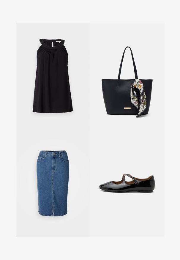 Robe noire sans manches avec un décolleté froncé, un détail en forme de trou de clé au dos et une coupe décontractée. Fabriquée à partir d'un tissu léger et doux.; Jupe en denim de bleu moyen, longueur genoux, design ajusté avec une fente à l'avant. Comprend cinq poches et une fermeture à boutons avec passants de ceinture.; Chaussure plate Mary Jane en cuir verni noir avec deux découpes et une bride à boucle dorée sur fond blanc.; Sac fourre-tout en cuir noir avec deux poignées, orné d'une écharpe en soie florale attachée à la poignée et d'un accent logo métallique à l'avant.