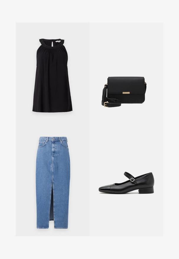 Zwart mouwloos jurkje met een geplooide halslijn, een keyhole rugdetail en een comfortabele pasvorm. Gemaakt van zachte, lichte stof.; Lichtblauwe denim midi-jurk met een voorkant split, klassieke vijf zakken ontwerp en sluiting met bovenste knoop. De stof heeft een lichte textuur.; Zwarte leren Mary Jane schoenen met een gepatenteerde neus, verstelbare enkelband en lage blokhak. Een gladde textuur en een elegante uitstraling.; Zwarte leren schoudertas met een flap sluiting, gouden hardware accenten, verstelbare schouderriem en gestructureerd oppervlak. Compakte rechthoekige vorm.